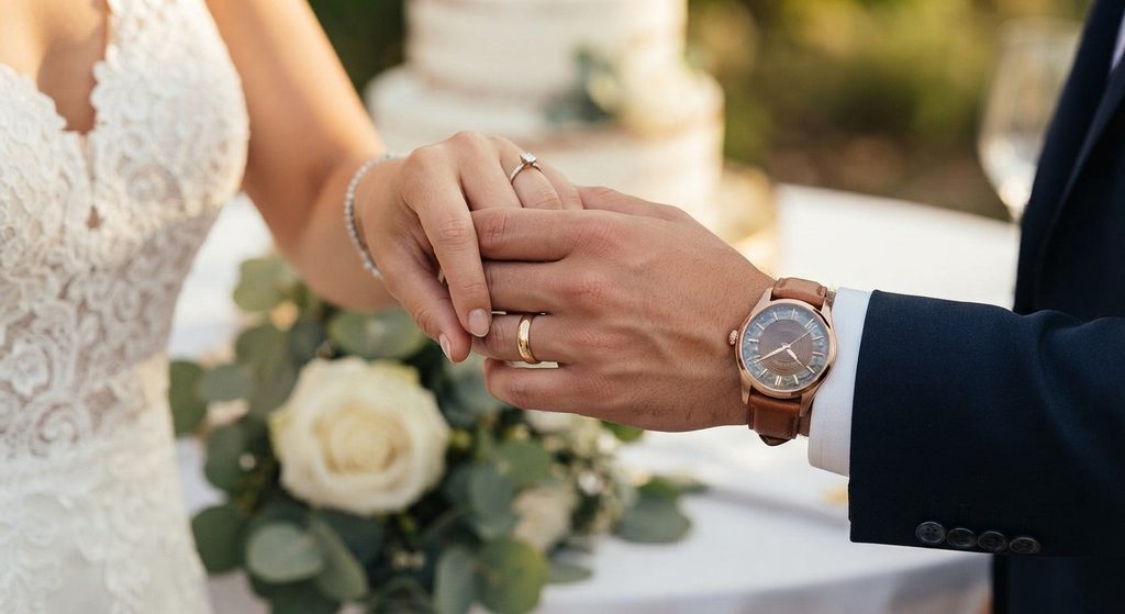 A bride and groom holding hands at their wedding; the groom wears a mechanical timepiece on a brown leather strap.